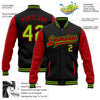 Custom Black Neon Green-Red Bomber Full-Snap Varsity Letterman Two Tone Jacket