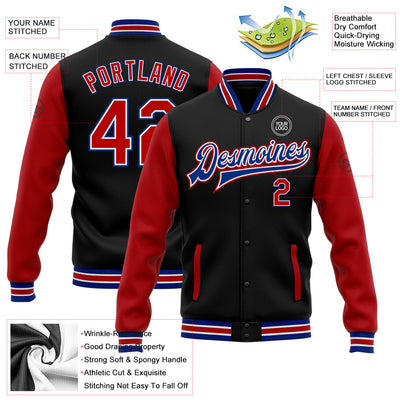 Custom Black Red-Royal Bomber Full-Snap Varsity Letterman Two Tone Jacket