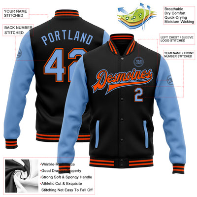 Custom Black Light Blue-Orange Bomber Full-Snap Varsity Letterman Two Tone Jacket