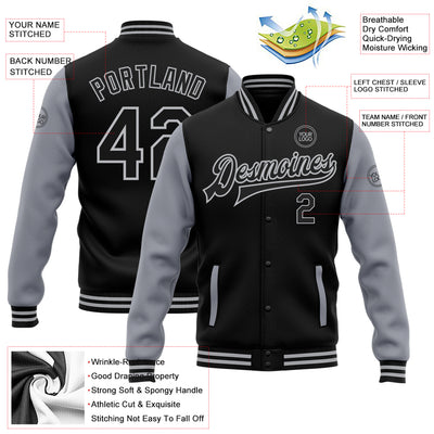 Custom Black Gray Bomber Full-Snap Varsity Letterman Two Tone Jacket