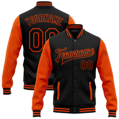 Custom Black Orange Bomber Full-Snap Varsity Letterman Two Tone Jacket