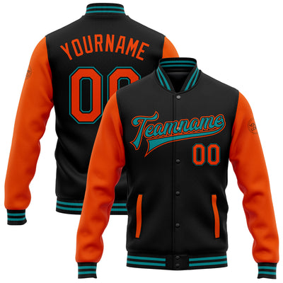 Custom Black Orange-Teal Bomber Full-Snap Varsity Letterman Two Tone Jacket