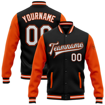 Custom Black White-Orange Bomber Full-Snap Varsity Letterman Two Tone Jacket