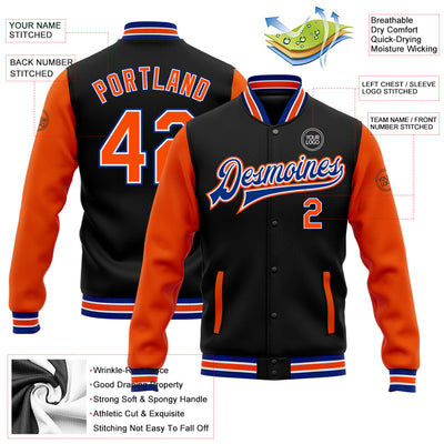 Custom Black Orange-Royal Bomber Full-Snap Varsity Letterman Two Tone Jacket