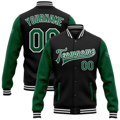 Custom Black Kelly Green-White Bomber Full-Snap Varsity Letterman Two Tone Jacket