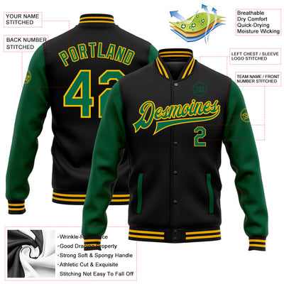 Custom Black Kelly Green-Gold Bomber Full-Snap Varsity Letterman Two Tone Jacket