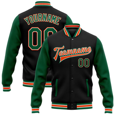 Custom Black Kelly Green-Orange Bomber Full-Snap Varsity Letterman Two Tone Jacket