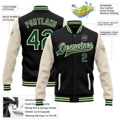 Custom Black Green-Cream Bomber Full-Snap Varsity Letterman Two Tone Jacket