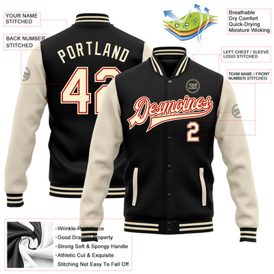 Custom Black Cream-Red Bomber Full-Snap Varsity Letterman Two Tone Jacket