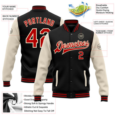 Custom Black Red-Cream Bomber Full-Snap Varsity Letterman Two Tone Jacket