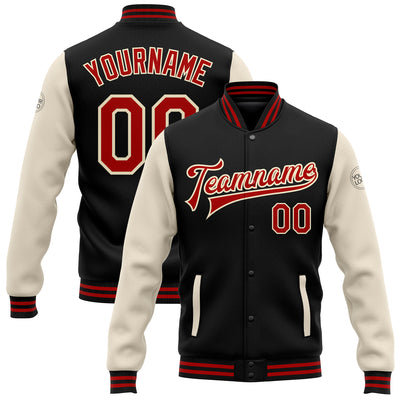 Custom Black Red-Cream Bomber Full-Snap Varsity Letterman Two Tone Jacket