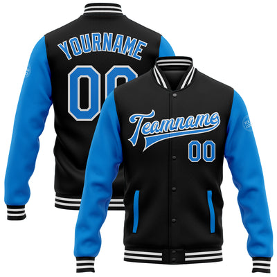 Custom Black Powder Blue-White Bomber Full-Snap Varsity Letterman Two Tone Jacket