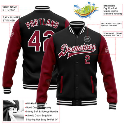 Custom Black Crimson-White Bomber Full-Snap Varsity Letterman Two Tone Jacket