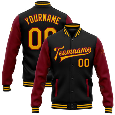 Custom Black Gold-Crimson Bomber Full-Snap Varsity Letterman Two Tone Jacket