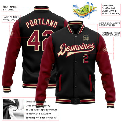 Custom Black Crimson-City Cream Bomber Full-Snap Varsity Letterman Two Tone Jacket