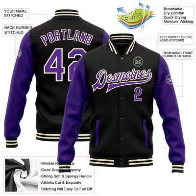 Custom Black Purple-Cream Bomber Full-Snap Varsity Letterman Two Tone Jacket