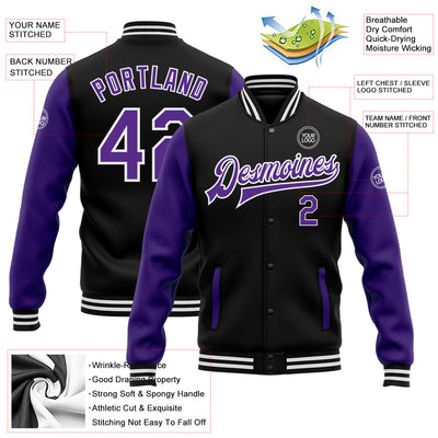 Custom Black Purple-White Bomber Full-Snap Varsity Letterman Two Tone Jacket