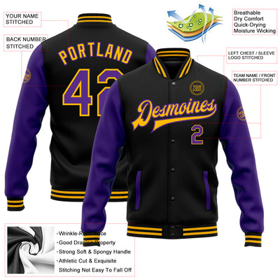 Custom Black Purple-Gold Bomber Full-Snap Varsity Letterman Two Tone Jacket