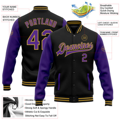 Custom Black Purple-Old Gold Bomber Full-Snap Varsity Letterman Two Tone Jacket