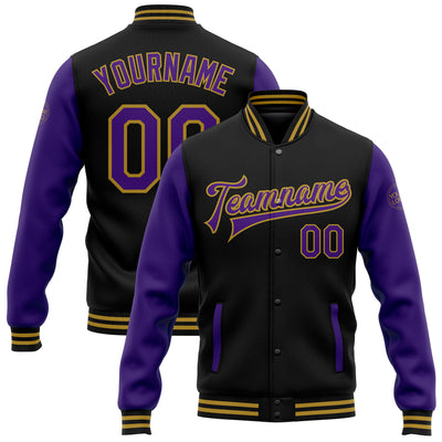 Custom Black Purple-Old Gold Bomber Full-Snap Varsity Letterman Two Tone Jacket