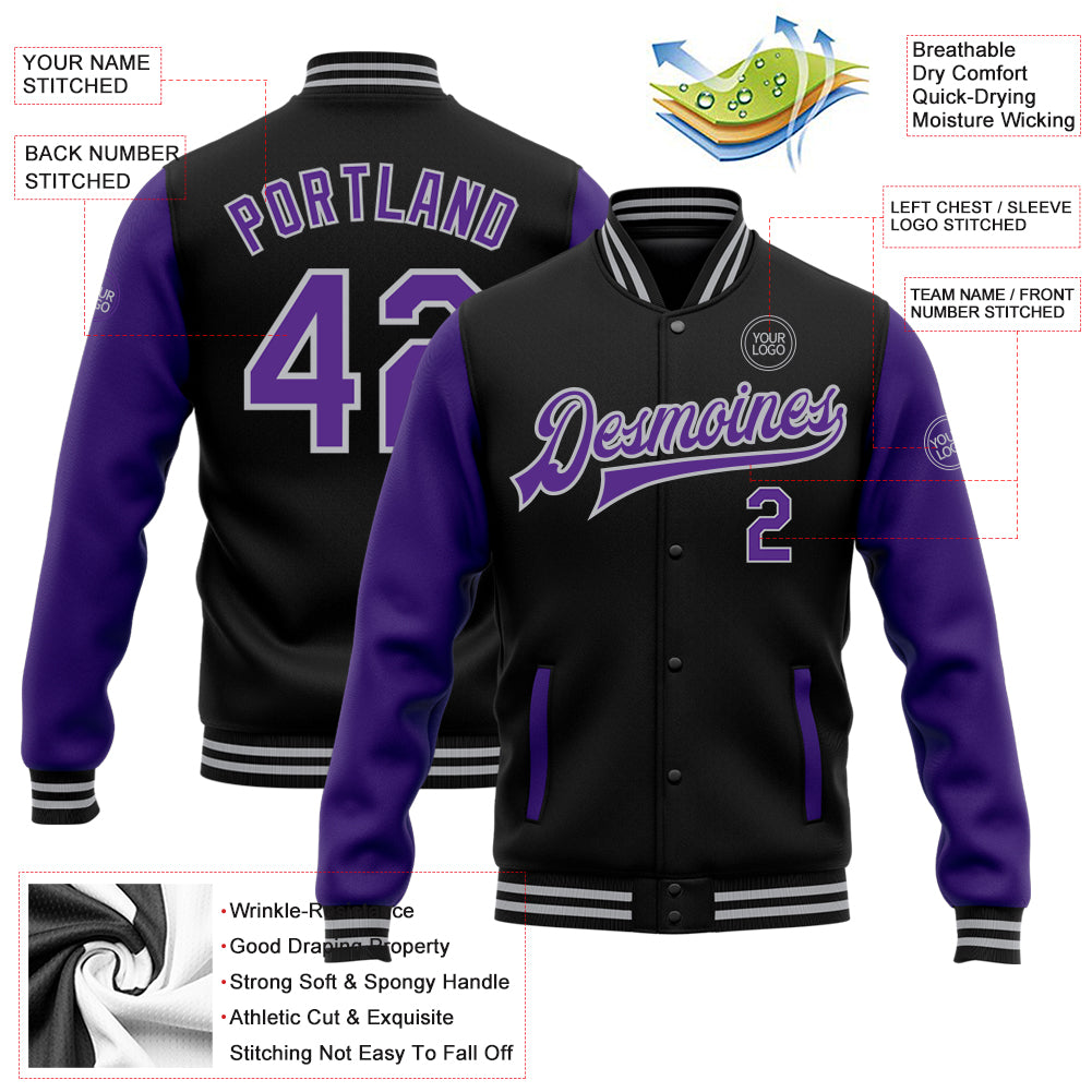 Custom Black Purple-Gray Bomber Full-Snap Varsity Letterman Two Tone Jacket