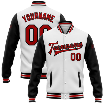 Custom White Red-Black Bomber Full-Snap Varsity Letterman Two Tone Jacket