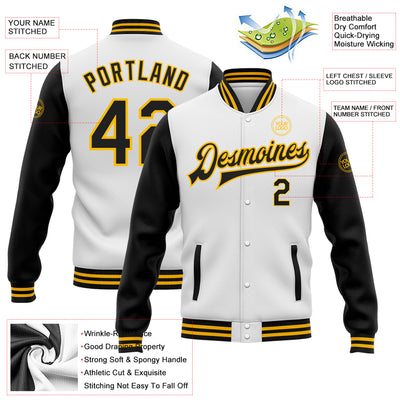 Custom White Black-Gold Bomber Full-Snap Varsity Letterman Two Tone Jacket