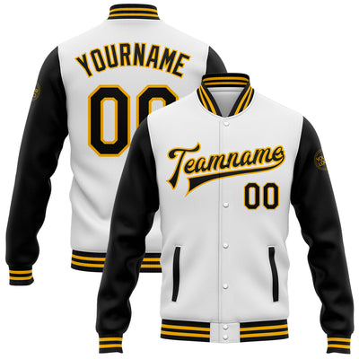 Custom White Black-Gold Bomber Full-Snap Varsity Letterman Two Tone Jacket