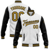 Custom White Old Gold-Black Bomber Full-Snap Varsity Letterman Two Tone Jacket