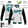 Custom White Teal-Black Bomber Full-Snap Varsity Letterman Two Tone Jacket