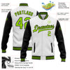 Custom White Neon Green-Black Bomber Full-Snap Varsity Letterman Two Tone Jacket