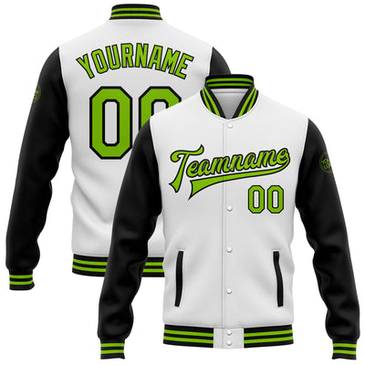 Custom White Neon Green-Black Bomber Full-Snap Varsity Letterman Two Tone Jacket