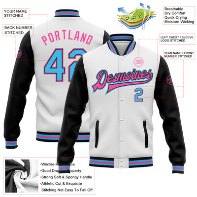 Custom White Sky Blue-Pink Bomber Full-Snap Varsity Letterman Two Tone Jacket