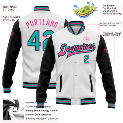 Custom White Aqua-Pink Bomber Full-Snap Varsity Letterman Two Tone Jacket