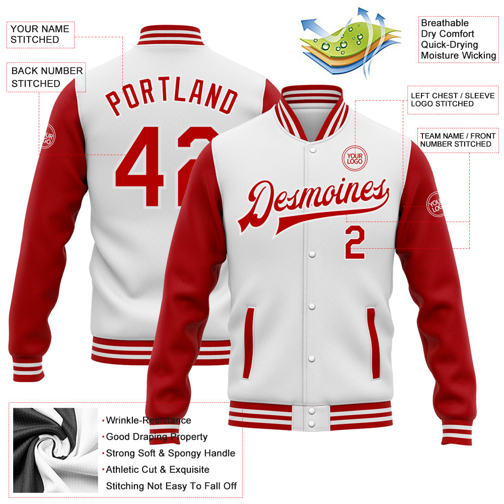 Custom White Red Bomber Full-Snap Varsity Letterman Two Tone Jacket