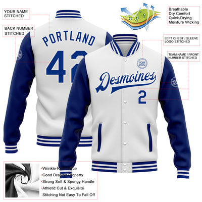 Custom White Royal Bomber Full-Snap Varsity Letterman Two Tone Jacket