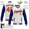 Custom White Orange-Royal Bomber Full-Snap Varsity Letterman Two Tone Jacket