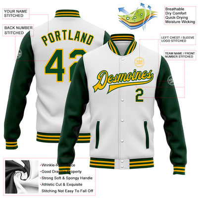 Custom White Green-Gold Bomber Full-Snap Varsity Letterman Two Tone Jacket