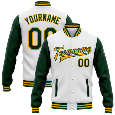 Custom White Green-Gold Bomber Full-Snap Varsity Letterman Two Tone Jacket