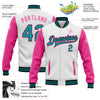 Custom White Teal Black-Pink Bomber Full-Snap Varsity Letterman Two Tone Jacket