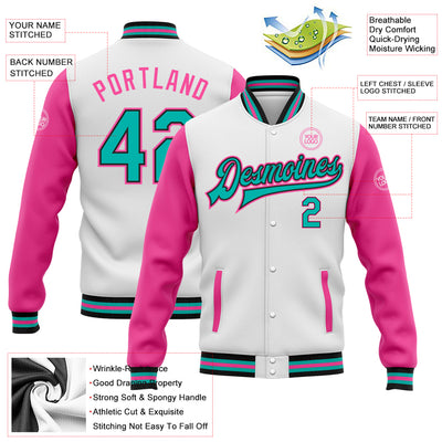 Custom White Aqua Black-Pink Bomber Full-Snap Varsity Letterman Two Tone Jacket