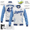 Custom White Navy-Light Blue Bomber Full-Snap Varsity Letterman Two Tone Jacket