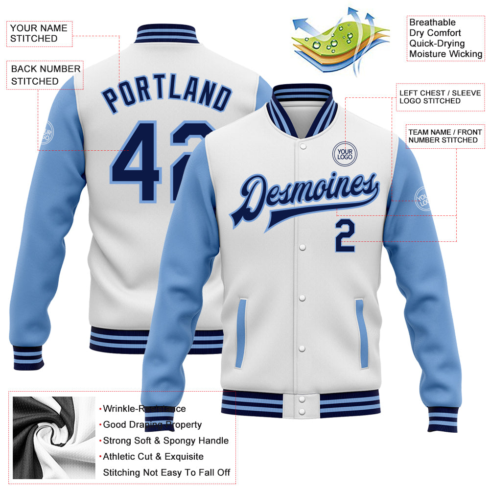 Cheap Custom Purple Light Blue-White Bomber Full-Snap Varsity