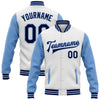 Custom White Navy-Light Blue Bomber Full-Snap Varsity Letterman Two Tone Jacket