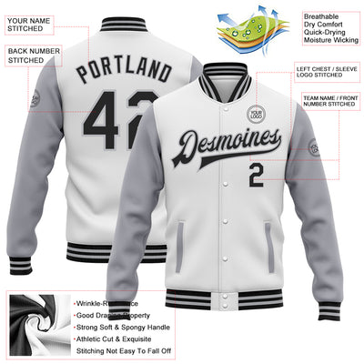 Custom White Black-Gray Bomber Full-Snap Varsity Letterman Two Tone Jacket