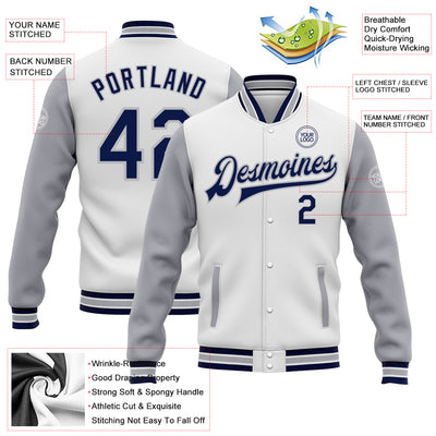 Custom White Navy-Gray Bomber Full-Snap Varsity Letterman Two Tone Jacket