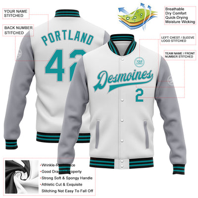 Custom White Teal Gray-Black Bomber Full-Snap Varsity Letterman Two Tone Jacket