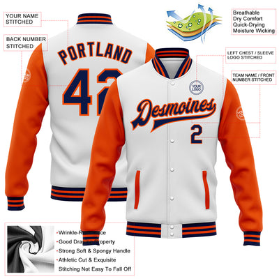 Custom White Navy-Orange Bomber Full-Snap Varsity Letterman Two Tone Jacket