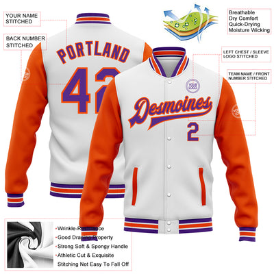 Custom White Purple-Orange Bomber Full-Snap Varsity Letterman Two Tone Jacket