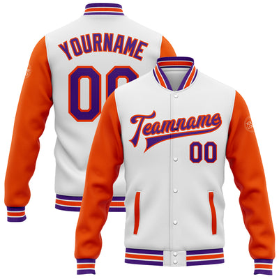 Custom White Purple-Orange Bomber Full-Snap Varsity Letterman Two Tone Jacket